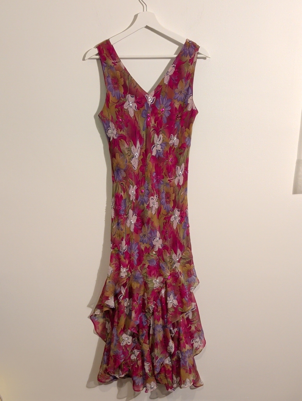 Floral Ruffled V-Neck Midi Dress in Fuchsia